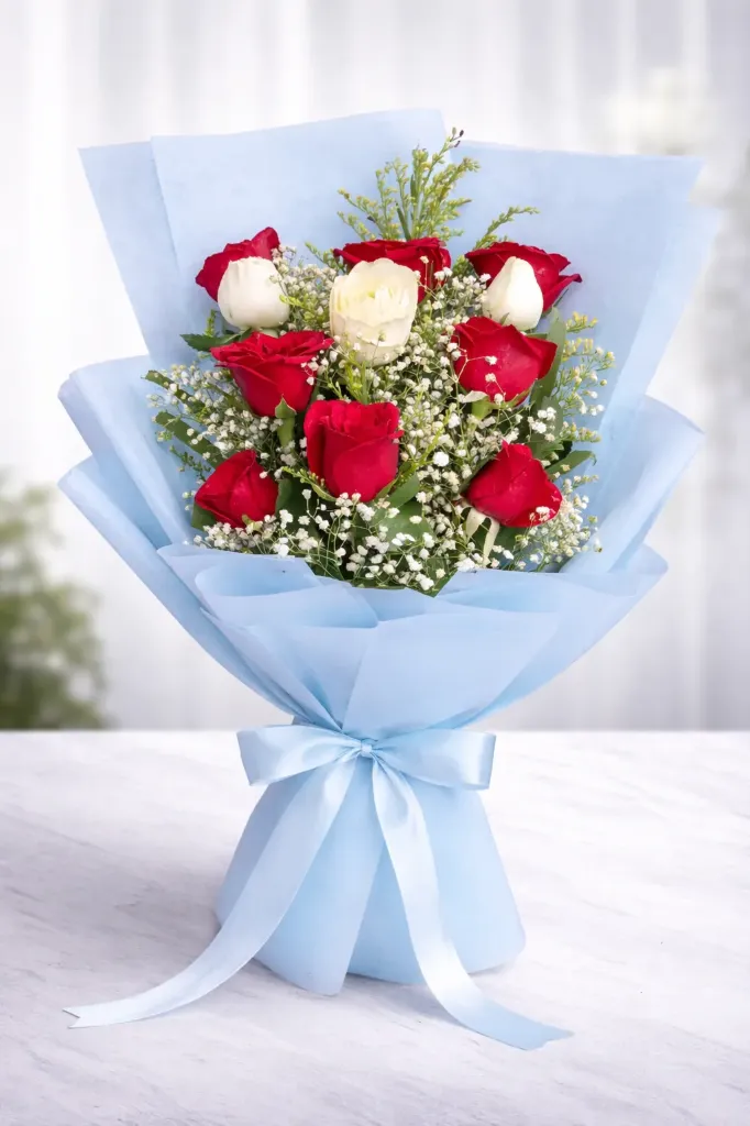 Elegant Red & White Roses Bouquet