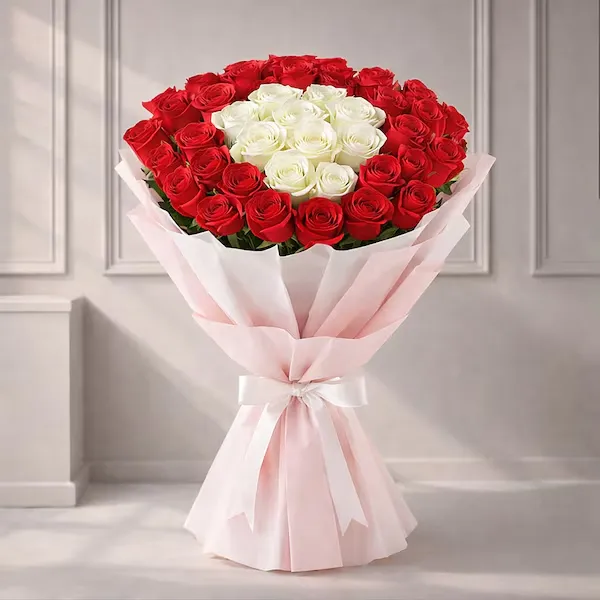 35 Red and White Roses Bouquet In Pink Wrap