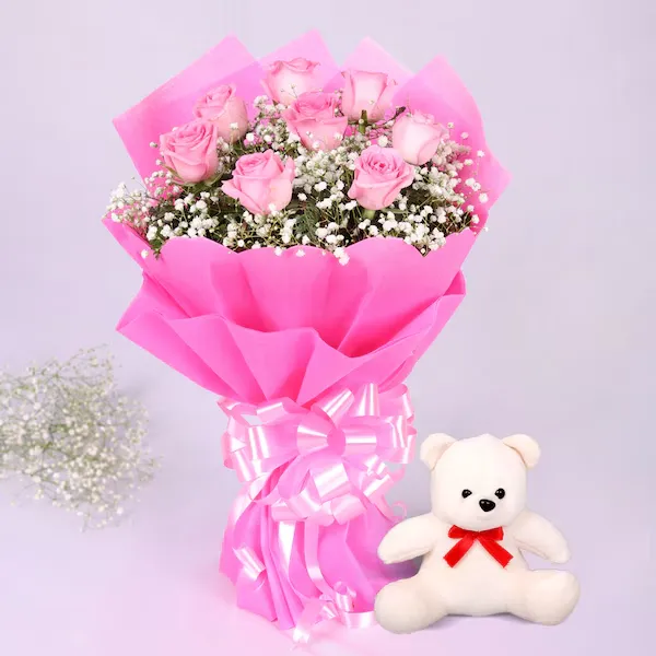 Pink Roses Bouquet with Teddy Bear