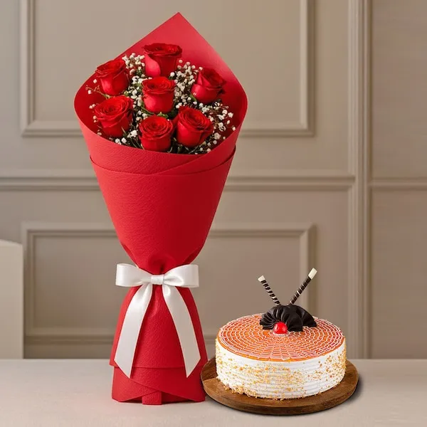 7 Red Roses Bouquet with Butterscotch Cake